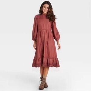 Burgundy Embroidered Long Sleeve Dress